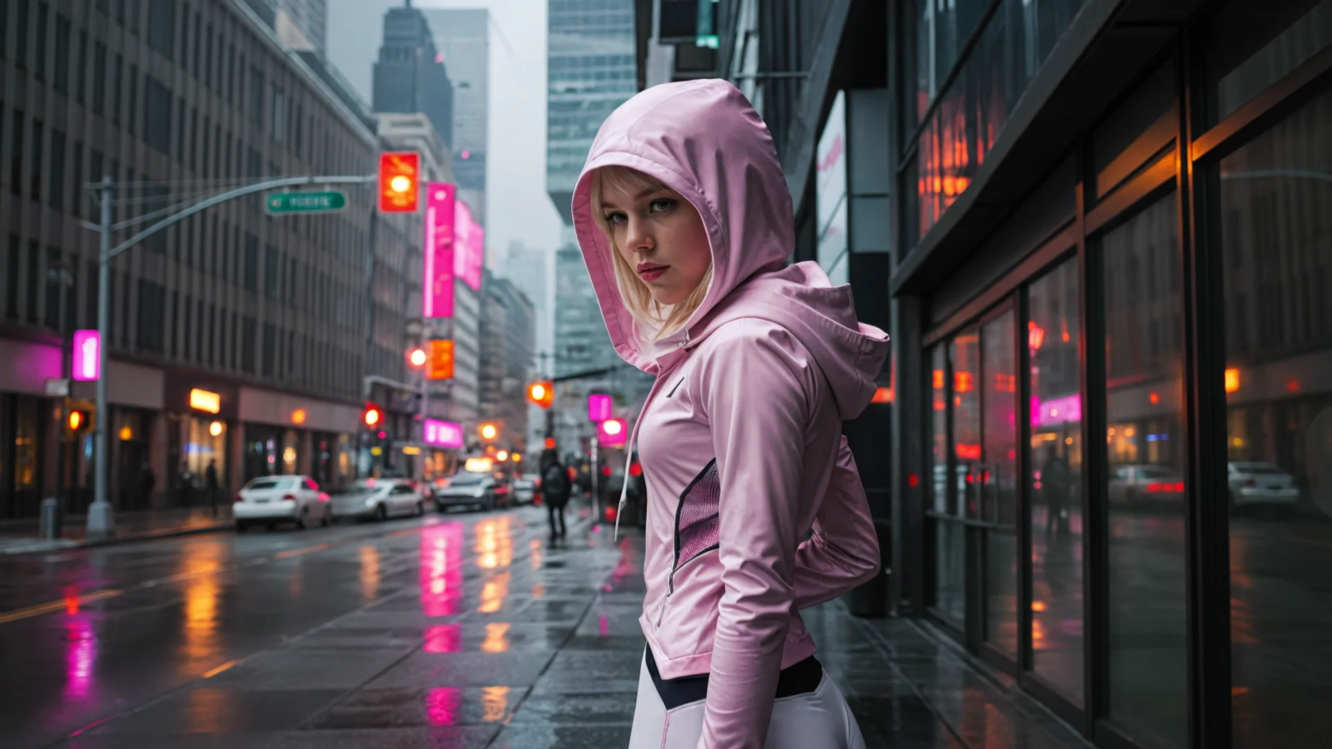 Cyberpunk visual-effects composite with a performer in a neon city